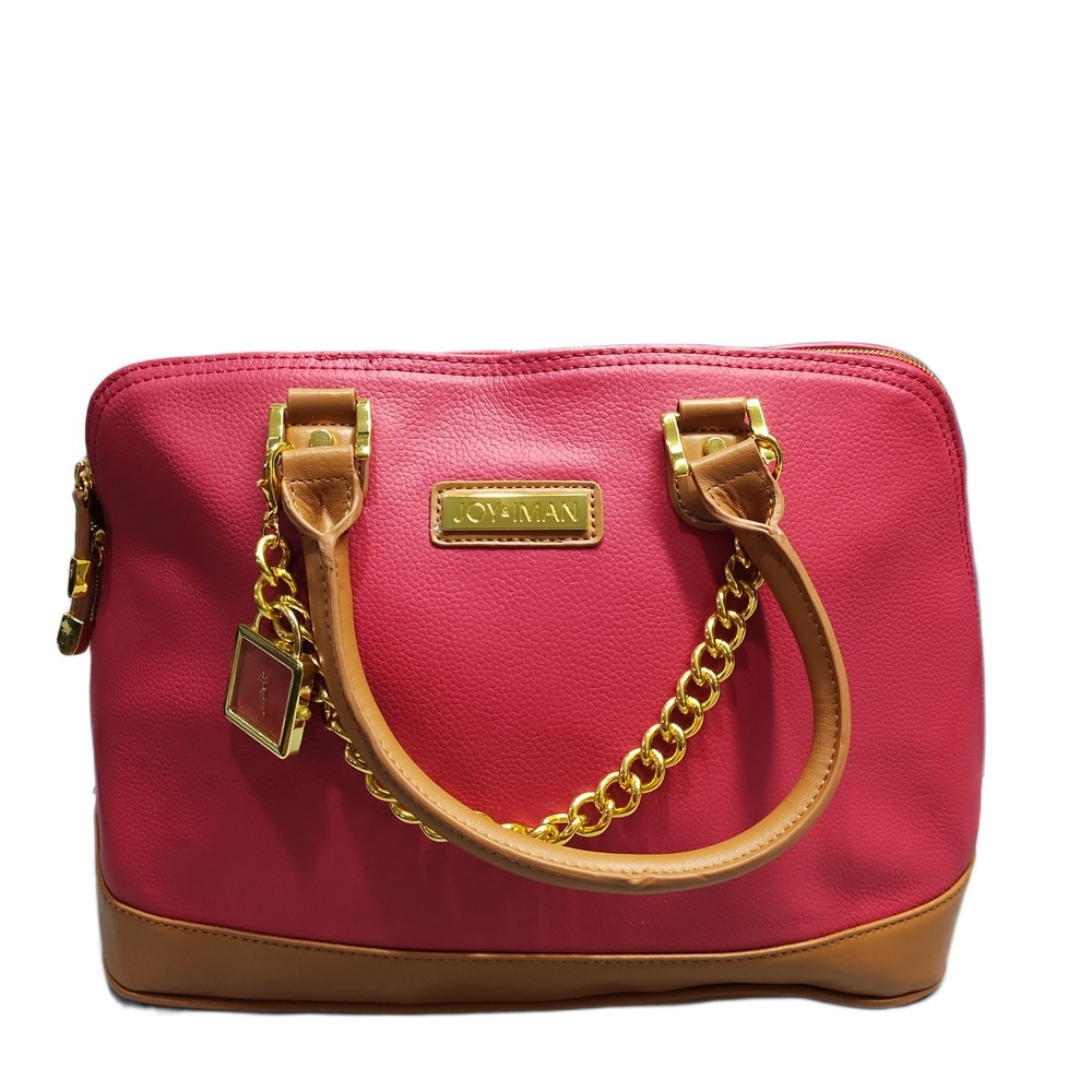 Joy & Iman Satchel Bag Womens Pink Brown Pebbled Leather Classic Chain Handles